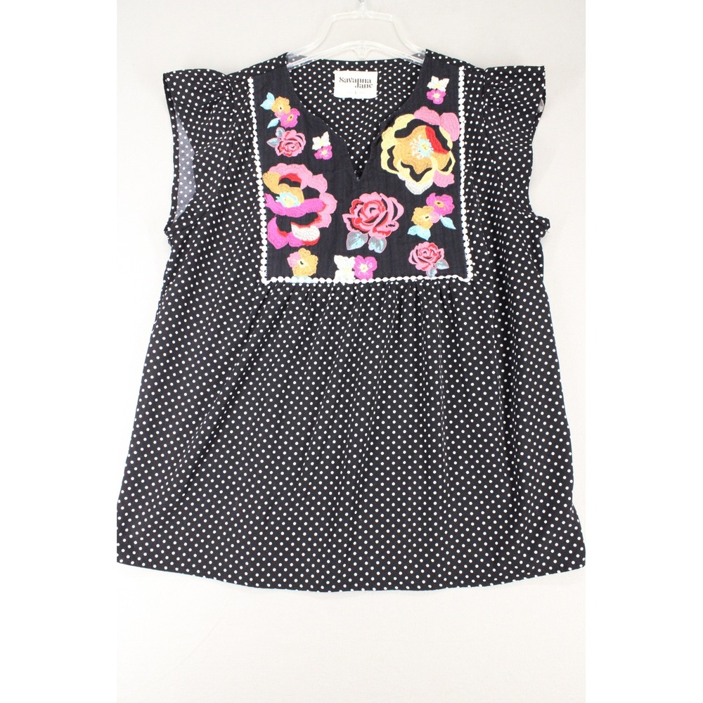 Savanna Jane Blouse Womens Large Black Polka Dot Floral Embroidered Boho Top